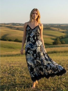 VTG India Cotton Bohemian Maxi Dress Blues Celeste L